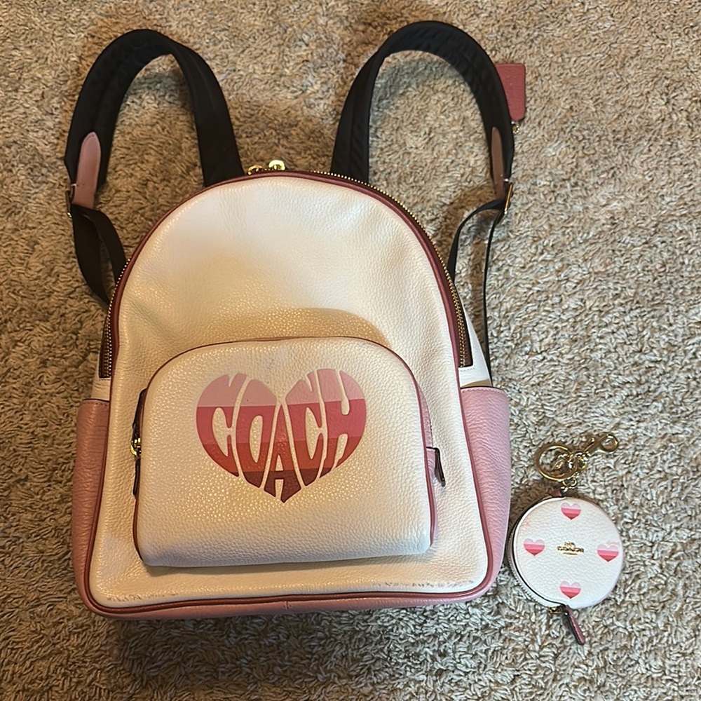 Coach Cream and Pink Heart Backpack w/matching coin pouch
